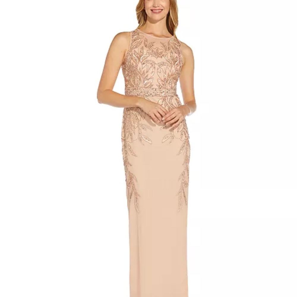 Adrianna Papell Studio Rose Gold Beaded Column Long Dress